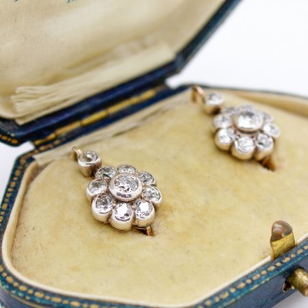 Orecchini austroungarici a grappolo primi '900 in oro argento e diamanti taglio antico